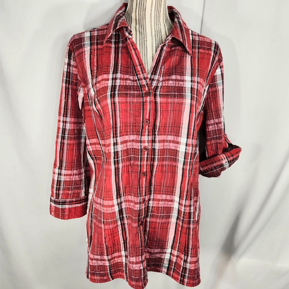 Christopher & Banks Multi Metallic V Neck Tab Sleeve Button Down Top Size XLarge